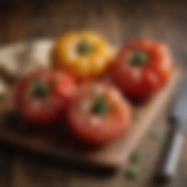 A close-up of sliced heirloom tomatoes arranged artistically on a wooden cutting board