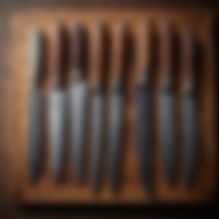 Display of various Damascus knives arranged elegantly on a wooden surface.