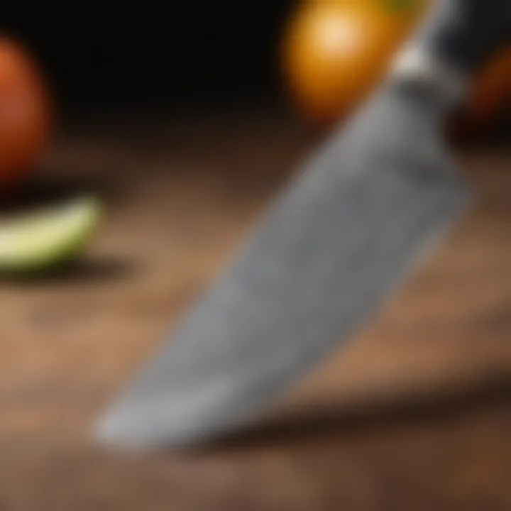 Detailed view highlighting the edge and sharpness of a Damascus knife.