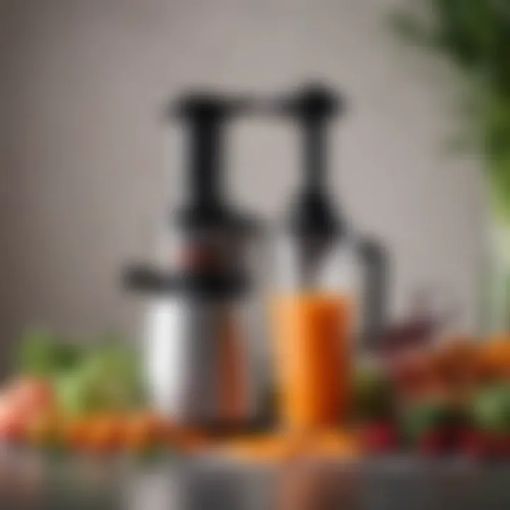 A variety of fruits and vegetables ready for juicing with the Tribest vertical juicer.