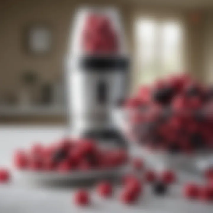 A bowl of frozen berries with a blender in the background