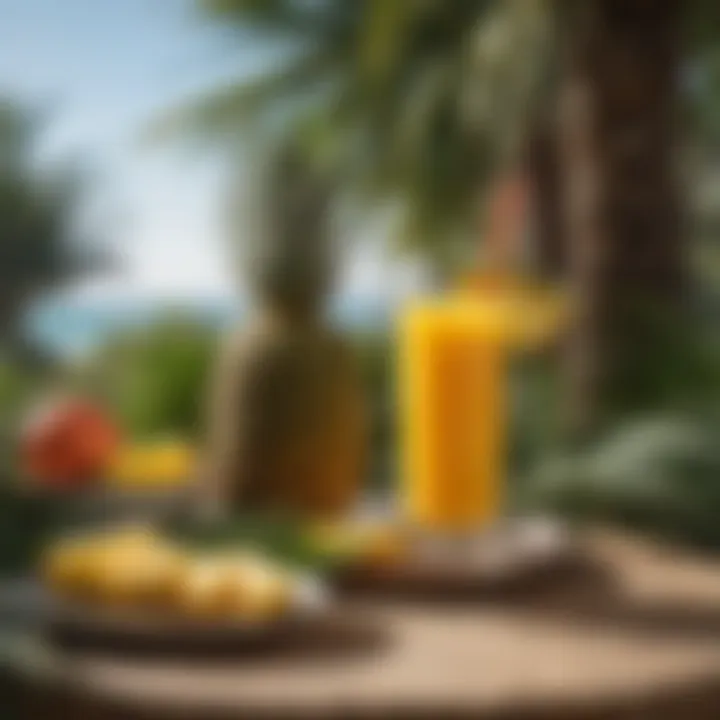 A vibrant tropical setting with a glass of Malibu and pineapple juice on a table adorned with palm leaves.