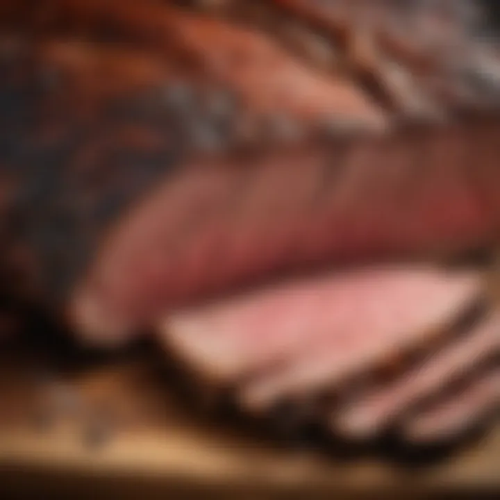 A close-up view of traditional smoked brisket showcasing the perfect bark and juicy texture.