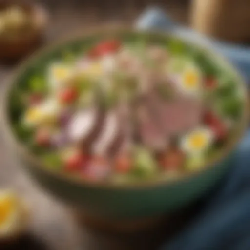 A vibrant bowl of tuna salad garnished with fresh herbs