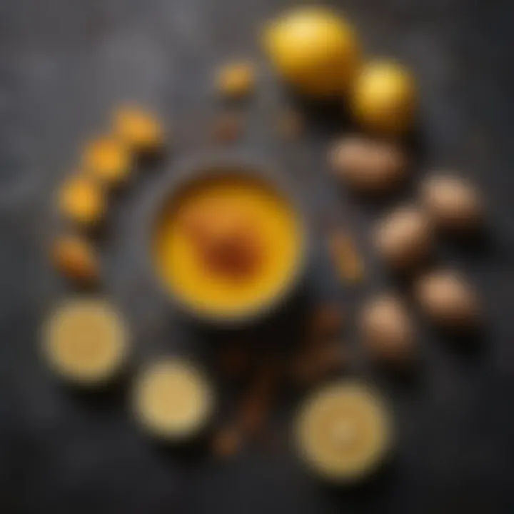 Ingredients laid out for a turmeric drink recipe, including ginger and lemon