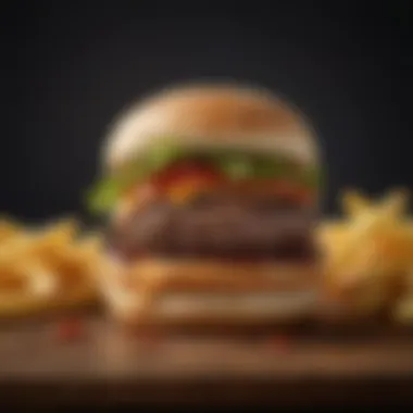 Gourmet Presentation of Your Beef Burger A gourmet beef burger plated with a side of fries and garnishes