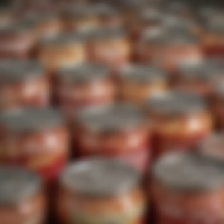 Close-up of jars filled with canned meat showcasing texture and color