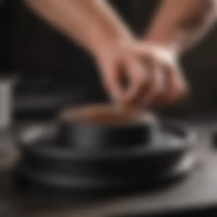 Close-up of a cast iron flat top being maintained with care.