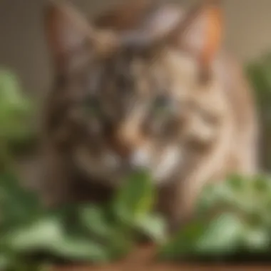 Close-up of catnip leaves with a soft focus on a playful cat in the background