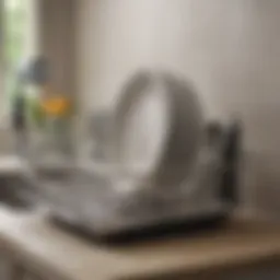 A sleek, modern dish drain drying rack in a minimalist kitchen setting