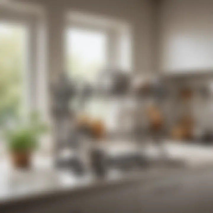 A well-organized kitchen with optimized space featuring a dish drain drying rack