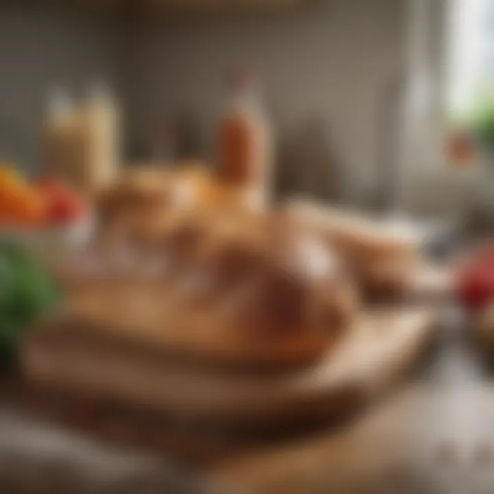 A busy kitchen countertop with gluten-free bread options alongside fresh vegetables and spreads.