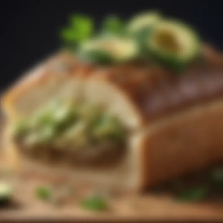 A close-up of a slice of gluten-free bread topped with avocado and herbs.