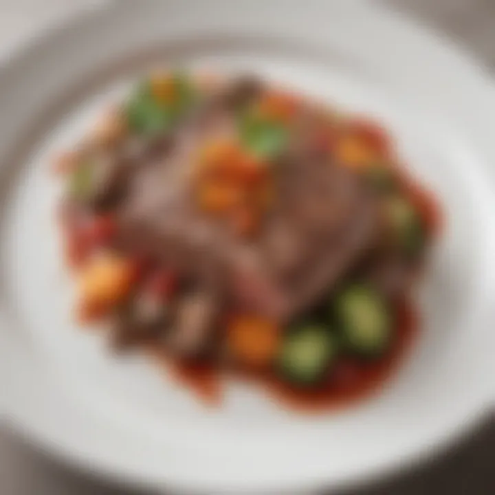 A beautifully plated ground steak dish with garnishes