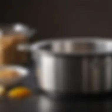 A close-up of the thick base of a heavy bottom saucepan demonstrating its construction.