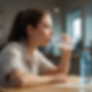 A busy individual sipping from a reusable water bottle at their desk