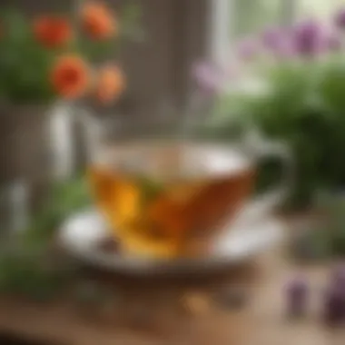 A soothing cup of herbal tea surrounded by fresh herbs and flowers