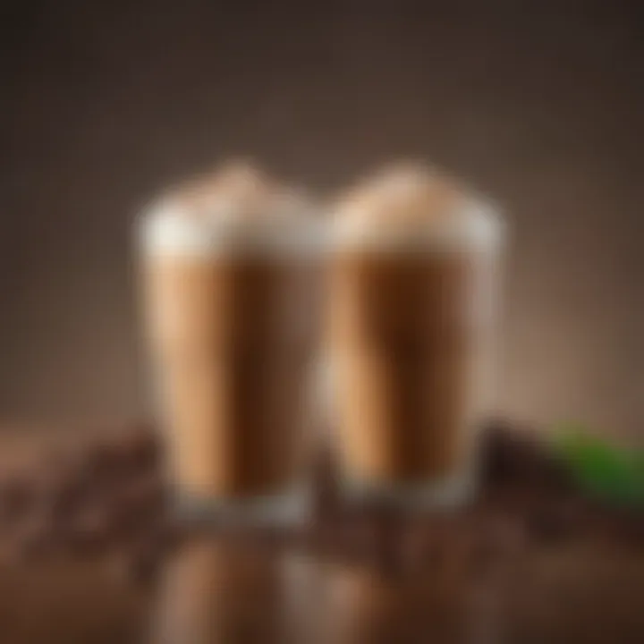 Various coffee beans displayed next to a glass of iced latte, indicating the diverse flavors used.