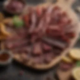 A gourmet platter showcasing a variety of artisanal jerky with vibrant colors and textures