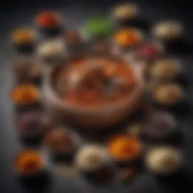 Artistic arrangement of spices with a backdrop of culinary elements