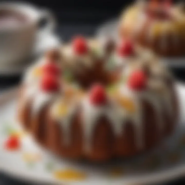 Close-up of a mini Bundt cake, highlighting texture and frosting