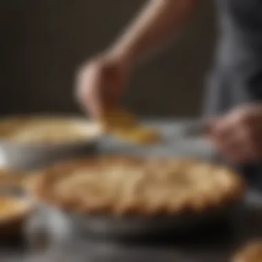 A close-up of a pie crust being prepared with weights