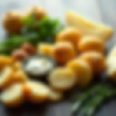 An assortment of fresh ingredients used in scalloped potatoes, including potatoes and cream