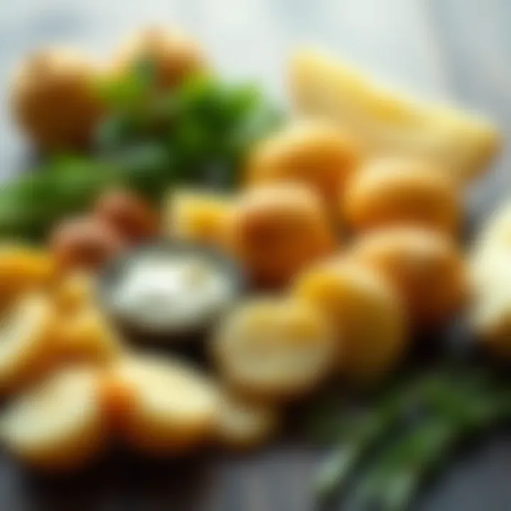 An assortment of fresh ingredients used in scalloped potatoes, including potatoes and cream