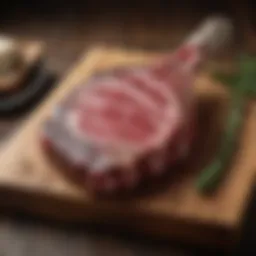 A beautifully marbled tomahawk steak displayed on a wooden cutting board.
