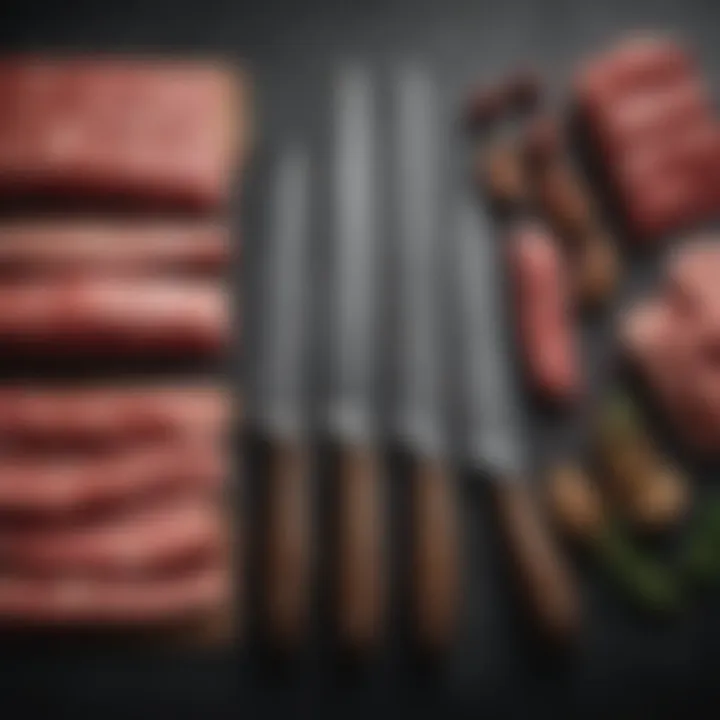 Different types of meat carving knives laid out for comparison.