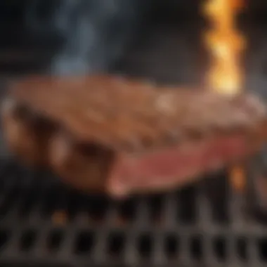 Grilled New York Strip Steak A flame-grilled New York Strip steak on a barbecue with smoke rising.