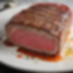 A close-up of a New York Strip steak showcasing its marbling and texture.