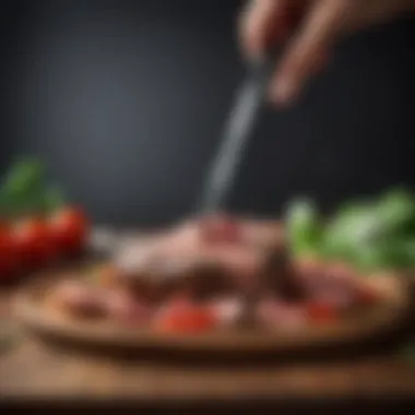 Artful Presentation with Meat Tongs An elegant presentation of a beautifully plated dish utilizing meat tongs for garnishing purpose.