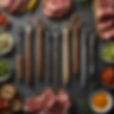 Diverse Selection of Meat Tongs Various types of meat tongs displayed elegantly on a kitchen countertop with fresh ingredients.