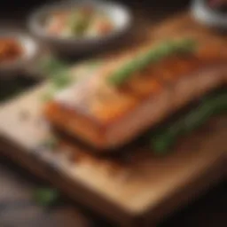 Beautifully grilled salmon on a cedar plank with herbs and spices