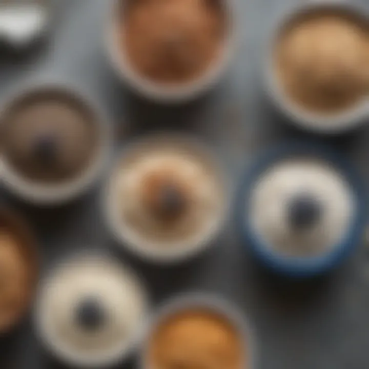 A close-up view of various thickening agents such as chia seeds, oats, and yogurt in bowls.