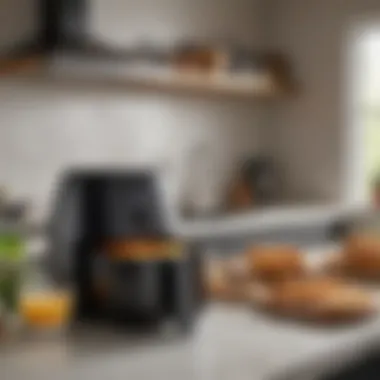 Efficient Kitchen Integration A busy kitchen setup showcasing an air fryer and spray bottle in action