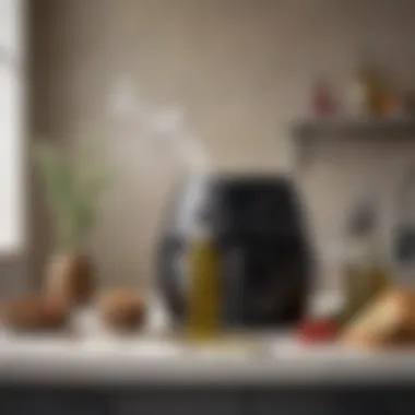 A sleek spray bottle filled with olive oil placed next to an air fryer