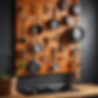 Creative Layout of Pegboard Innovative pegboard layout with hooks and shelves for kitchen tools.
