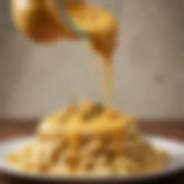 Close-up of vegan cheese sauce pouring over pasta