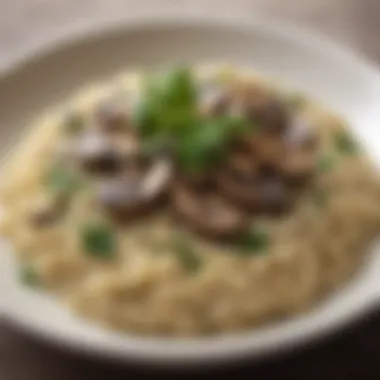 A close-up of exquisite vegan mushroom risotto garnished with fresh herbs.