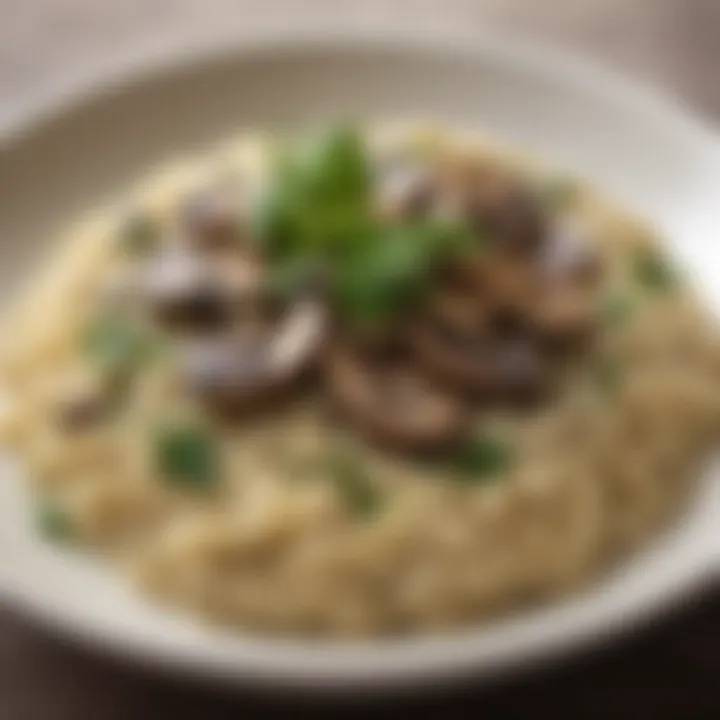 A close-up of exquisite vegan mushroom risotto garnished with fresh herbs.