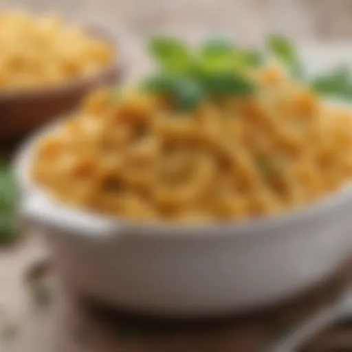 A creamy bowl of vegan mac and cheese topped with fresh herbs