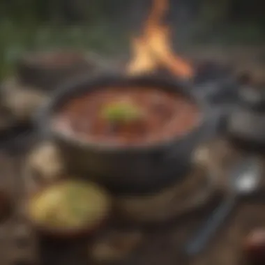 Hearty vegan chili simmering over a campfire