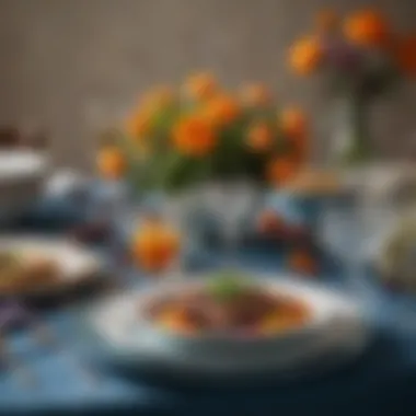 Elegant Vegan Passover Table Setting An elegant table setting for a vegan Passover meal, showcasing vibrant dishware and floral decorations