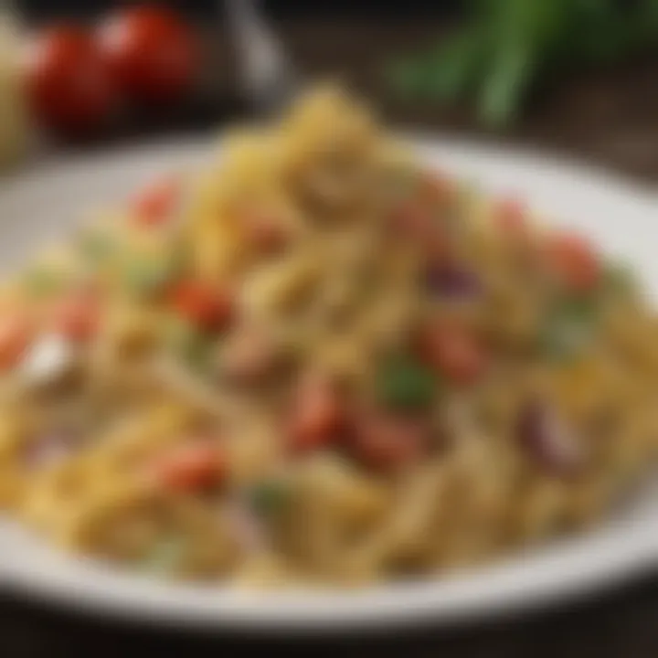 A close-up of a delightful dressing drizzled over a hearty vegetable pasta salad, emphasizing flavor and freshness.