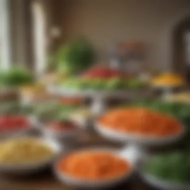 Elegant Vegetable Buffet Setup A stunning vegetable display with dips and sauces on a buffet table.