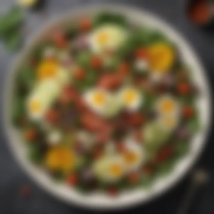 A visually appealing salad with a variety of greens and toppings, beautifully arranged.