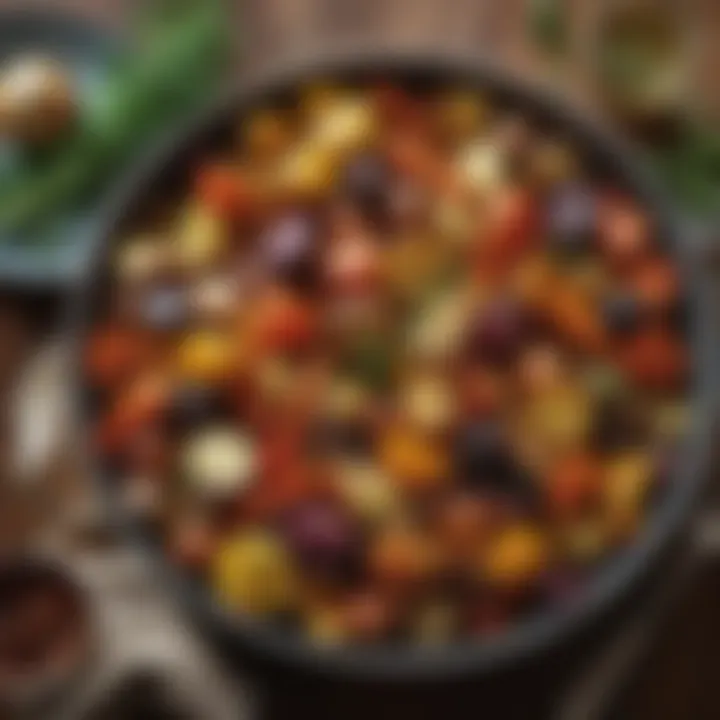 A large bowl of mixed roasted vegetables garnished with herbs on a dining table.