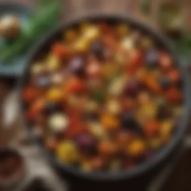 Hearty Roasted Vegetable Presentation A large bowl of mixed roasted vegetables garnished with herbs on a dining table.